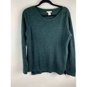 H & M Womens Size M Sweater Dark Green With  Metallic Thread Boat Neck High Low